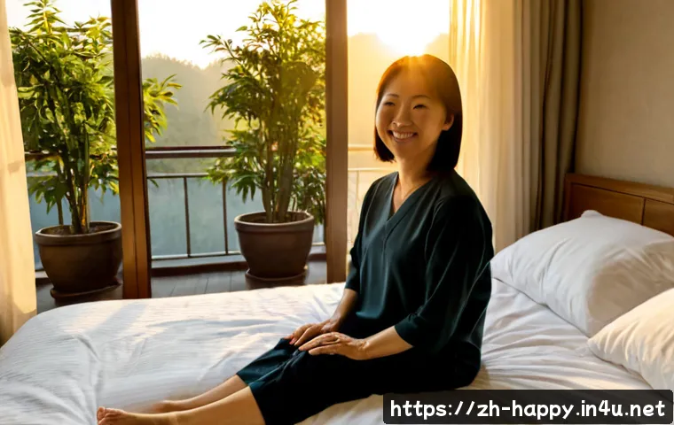 행복한 사람들의 아침 습관 - Photorealistic sunrise morning scene of a cheerful middle-aged woman stretching beside a neatly made...