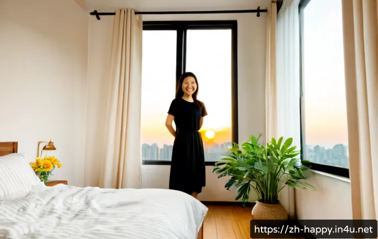 행복한 하루 시작하기 - Photorealistic morning lifestyle scene, cheerful East Asian woman opening sunlit curtains in a tidy ...